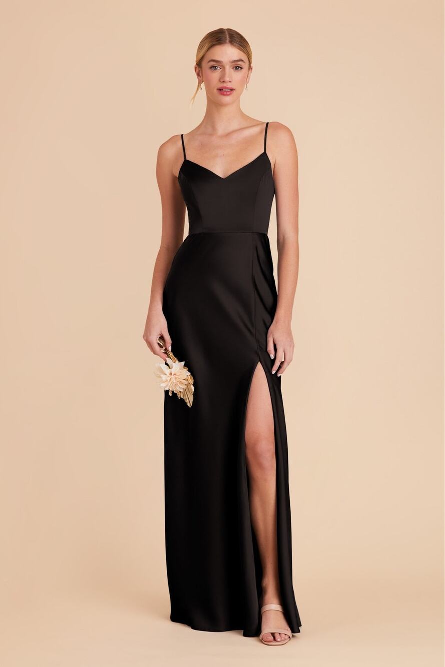 LADIES BIRDY GREY SATIN DRESS BLACK SZ SM FLOOR-LENGTH HIGH SLIT STRAPPY PROM